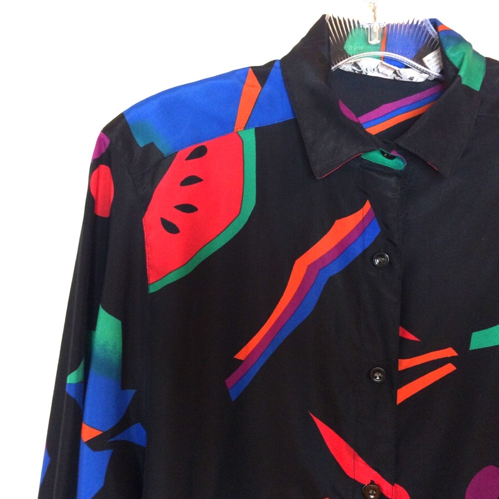 Bright oversized button down shirt vintage silky blouse abstract print dress top - Picture 2 of 8